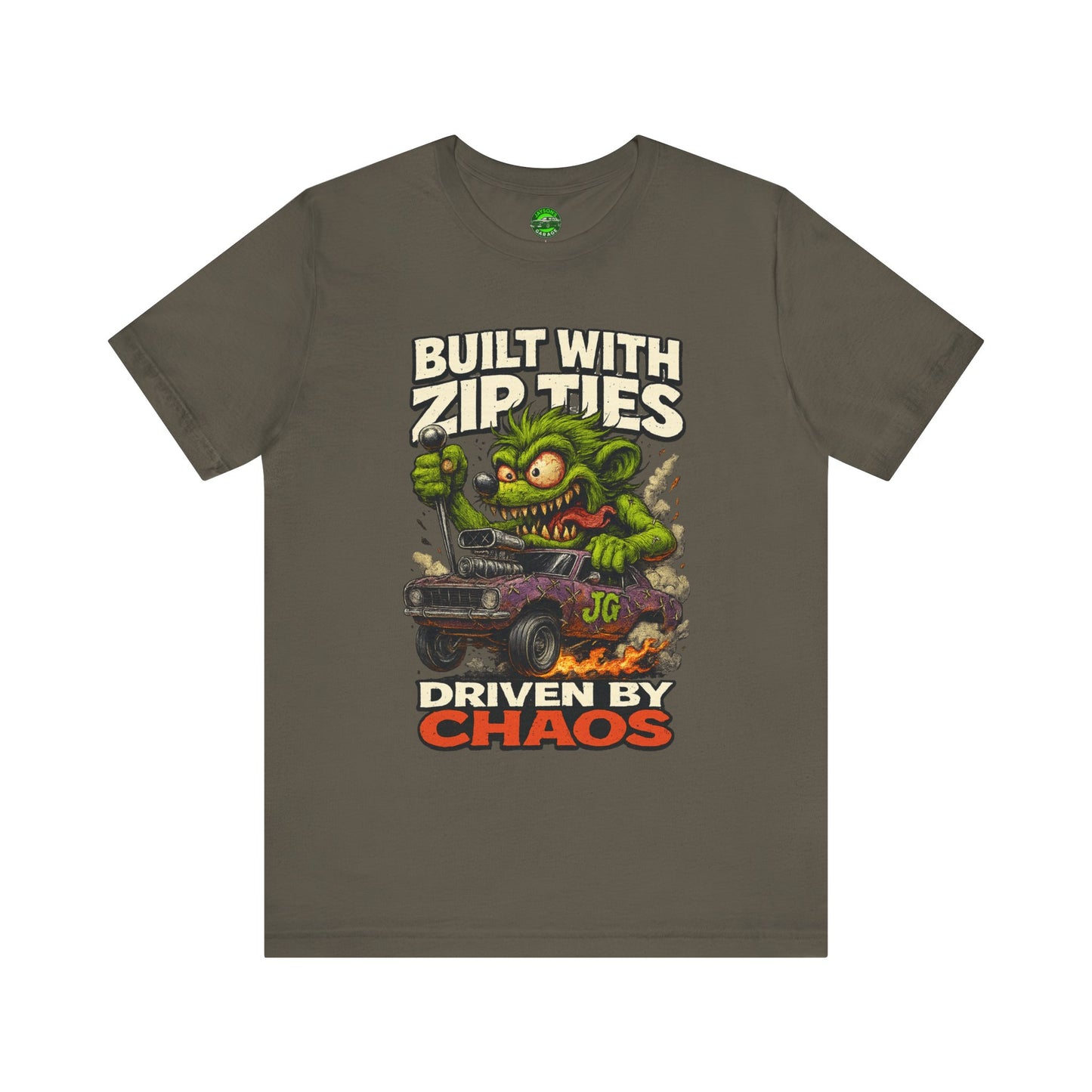 Chaos Driven Tee – Built with Zip Ties, Driven by Chaos | Jayson’s Garage
